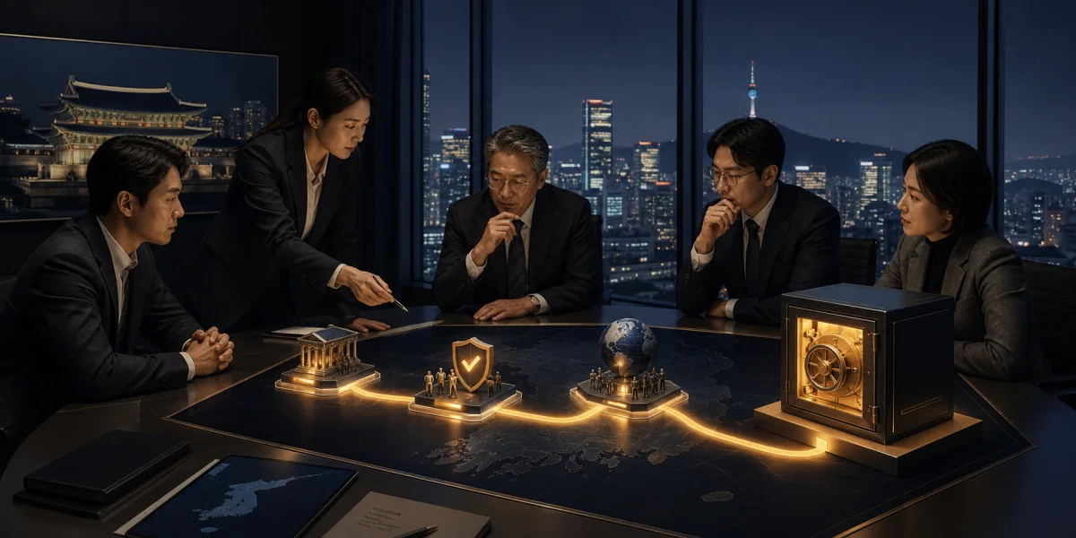 Corporate Web3 team reviewing a staged Korea market-entry roadmap